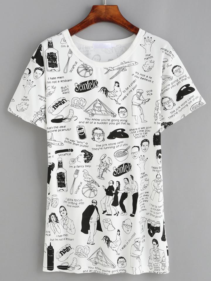 Romwe White Comic Print T-shirt