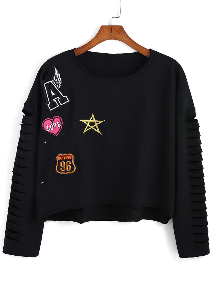 Romwe Dip Hem Patch Cut Out Black T-shirt