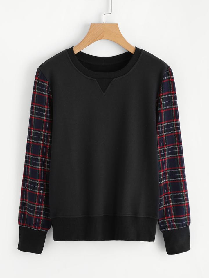 Romwe Gingham Sleeve 2 In 1 Pullover