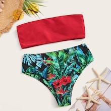 Romwe Bandeau Top With Tropical Bikini Set