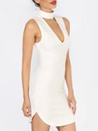 Romwe Beige Sleeveless High Neck Hollow Dress