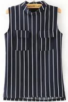 Romwe Stand Collar With Pockers Vertical Striped Navy Tank Top