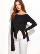 Romwe Black Slim Fit Oversized Sleeve Sweater With Slit Detail
