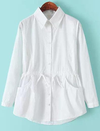 Romwe White Lapel Long Sleeve Drawstring Pockets Blouse