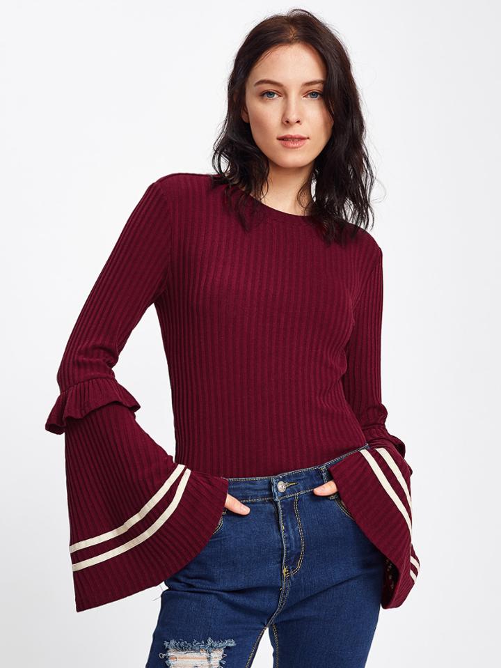 Romwe Frilled Striped Trumpet Sleeve Ribbed Tee