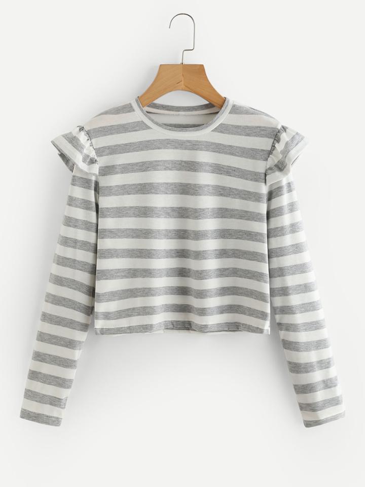 Romwe Ruffle Shoulder Striped Crop Tee