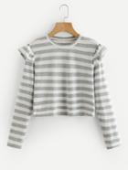 Romwe Ruffle Shoulder Striped Crop Tee