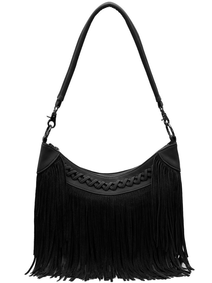 Romwe Black Tassel Pu Shoulder Bag