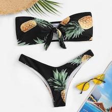 Romwe Pineapple Knot Front Bandeau With High Cut Bikini