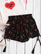 Romwe Shirred Waist Tasseled Drawstring Side Cherry Shorts