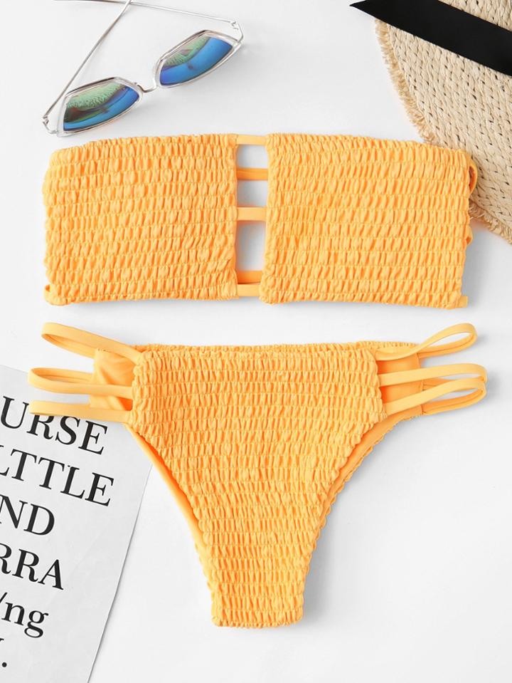 Romwe Shirred Ladder Cut Out Bikini Set