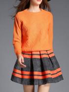 Romwe Long Sleeve Zigzag Top With Striped Flare Skirt