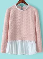 Romwe Contrast Flouncing Hem Cable Pattern Pink T-shirt