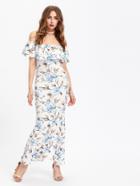 Romwe Allover Florals Flounce Layered Neckline Slit Back Dress