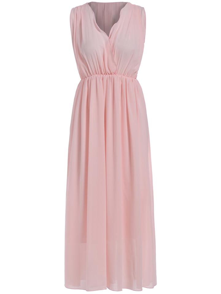 Romwe Deep Plunge Neck Pleated Maxi Dress