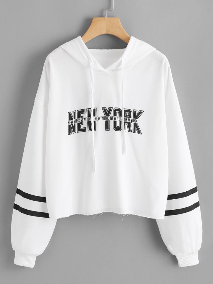 Romwe Varsity Striped Letter Print Raw Hem Hoodie
