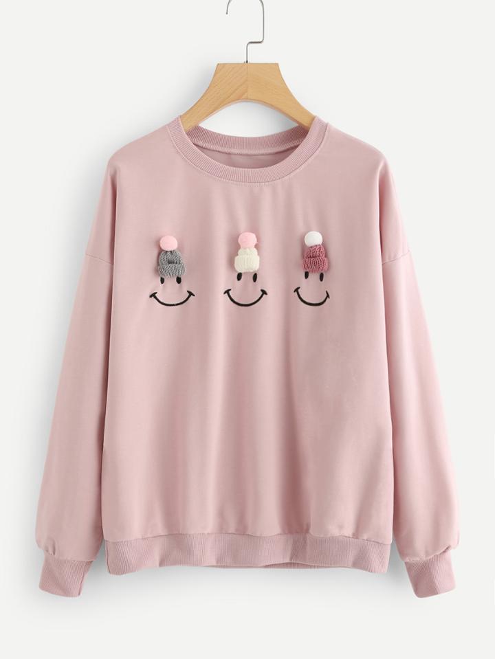 Romwe 3d Hat Detail Embroidered Sweatshirt