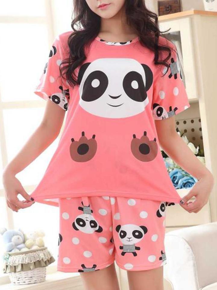 Romwe Panda Print Top & Shorts Pj Set
