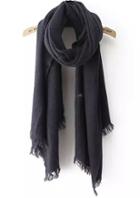Romwe Solid-colored Fringe Scarf-navy