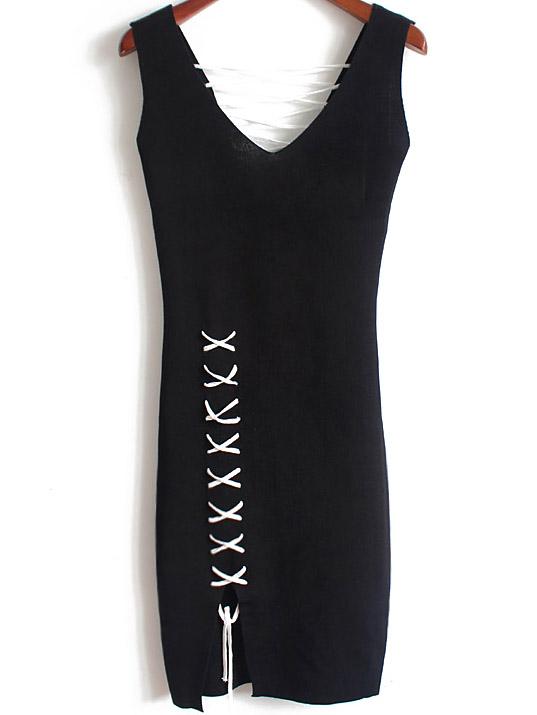 Romwe V Neck Bandage Split Knit Bodycon Dress