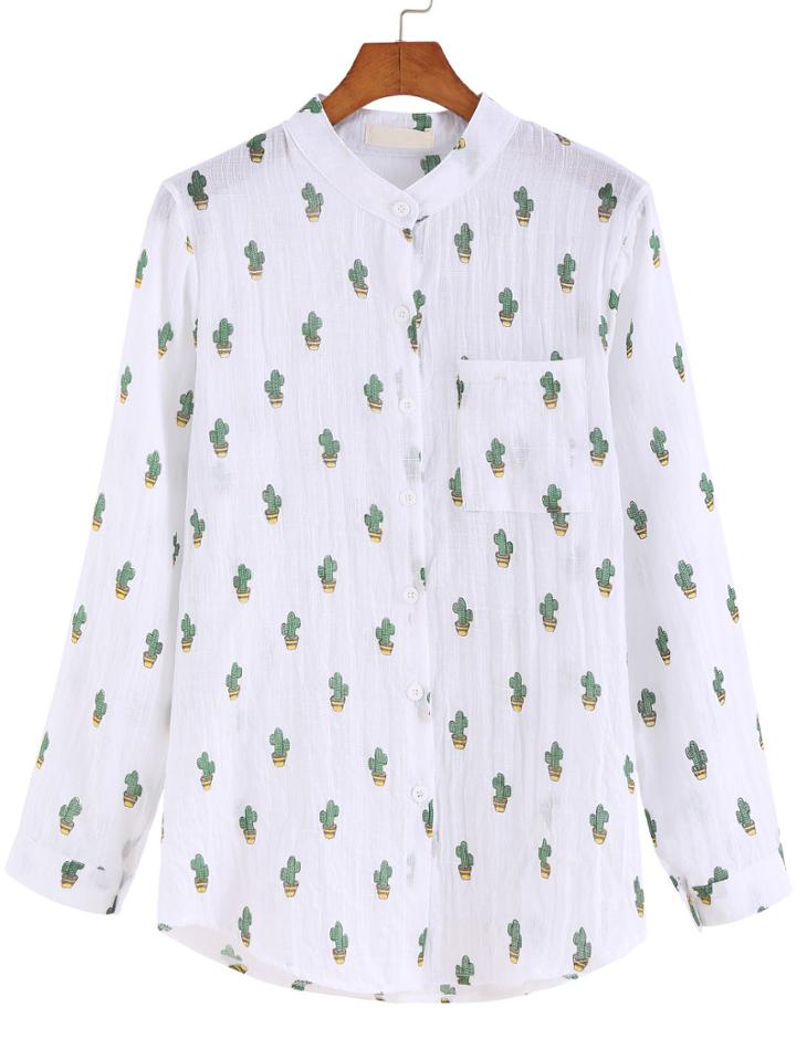 Romwe White Long Sleeve Cactus Print Blouse