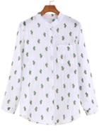 Romwe White Long Sleeve Cactus Print Blouse