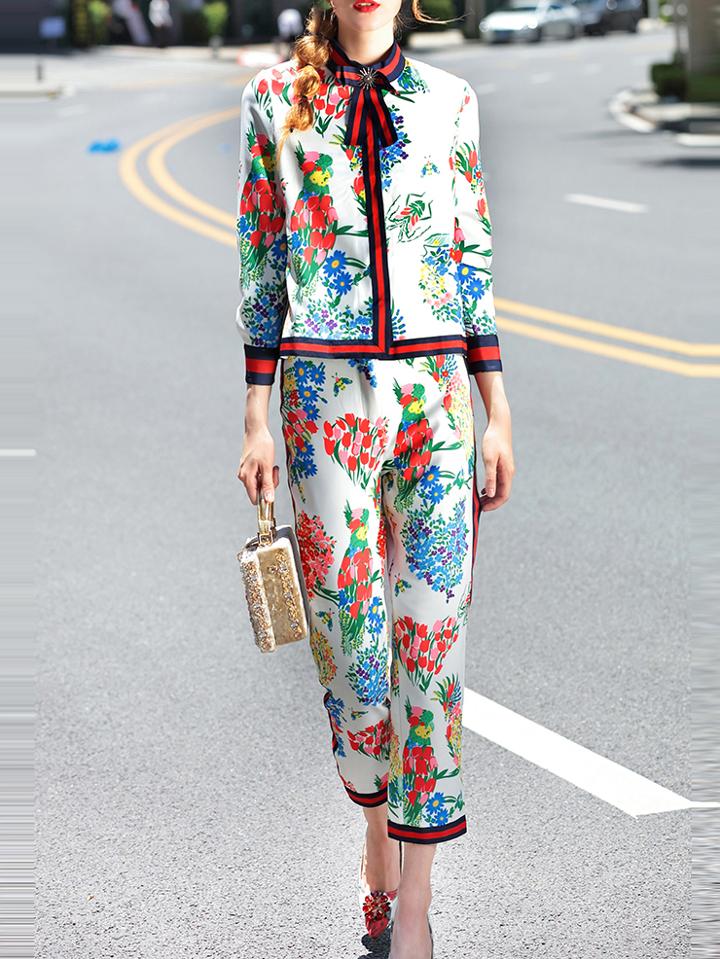 Romwe White Tie Neck Floral Top With Pants