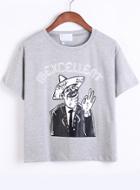 Romwe Old People Print Grey T-shirt