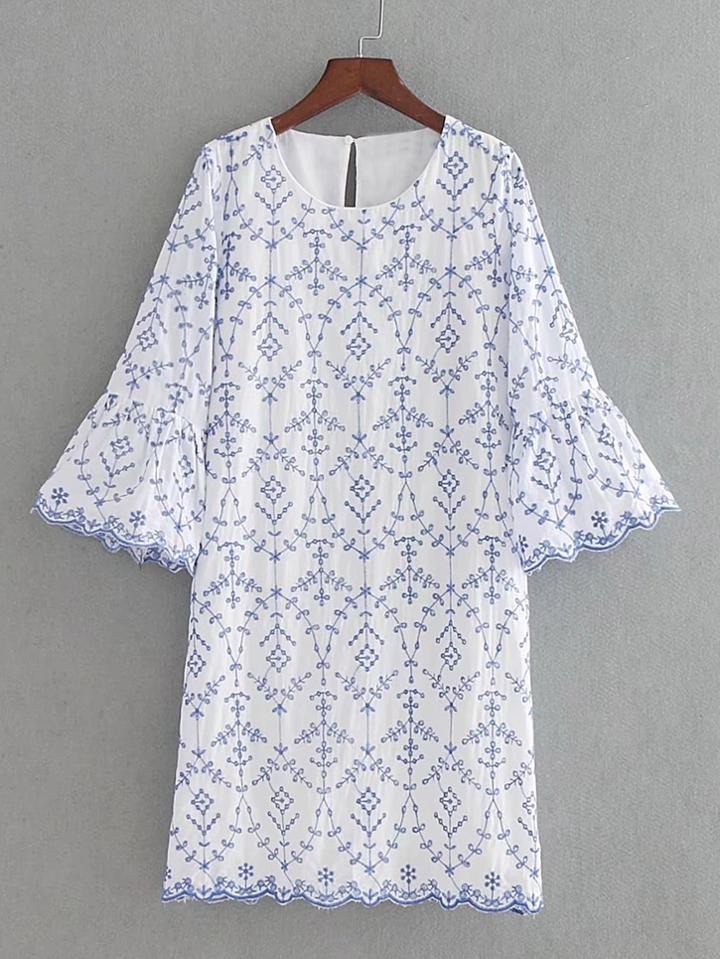 Romwe Bell Sleeve Wave Trim Embroidery Dress