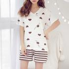 Romwe Heart Print Top & Striped Shorts Pj Set
