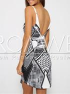 Romwe Grey Spaghetti Strap Deep V Neck Backless Geometric Print Dress