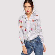 Romwe Floral Print Button Decoration Striped Blouse