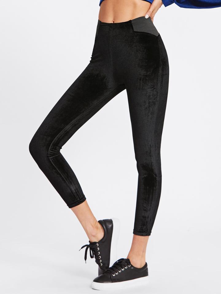 Romwe Velvet Elastic Waist Panel Side Leggings