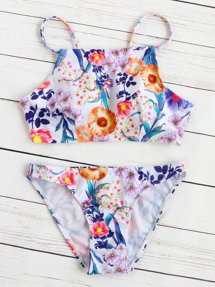 Romwe Floral Print Spaghetti Strap Bikini Set