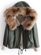 Romwe Green Fur Hooded Long Sleeve Quilted Drawstring Coat