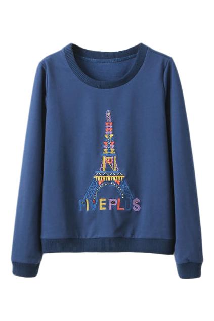 Romwe Tower Embroidered Blue Sweatshirt