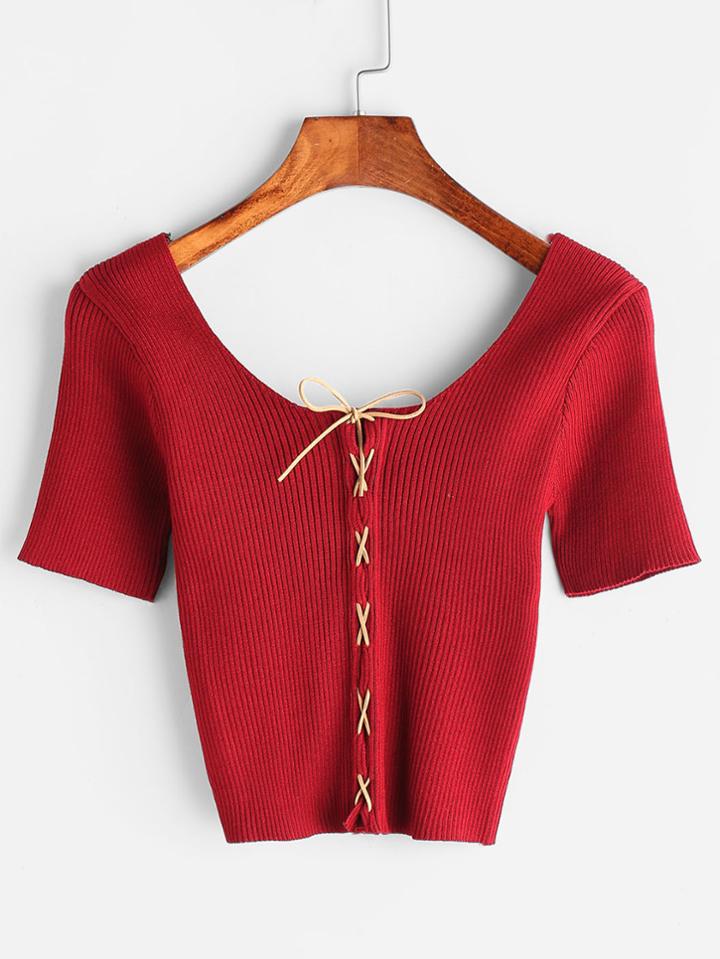 Romwe Lace Up Front Ribbed Knit T-shirt