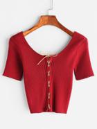 Romwe Lace Up Front Ribbed Knit T-shirt