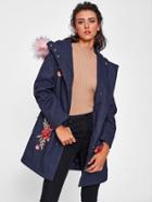Romwe Faux Fur Trim Hood Embroidery Applique Coat