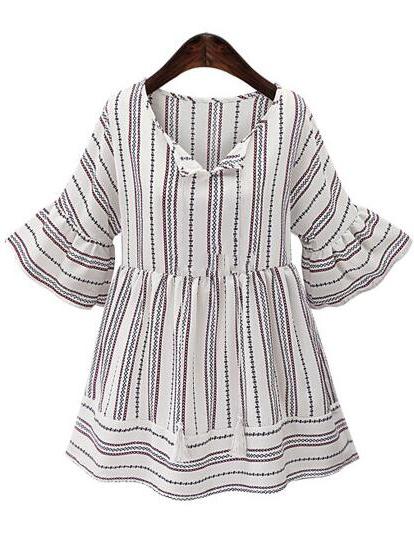 Romwe White Tribal Print  Ruffle Sleeve Dress With Tassle Tie