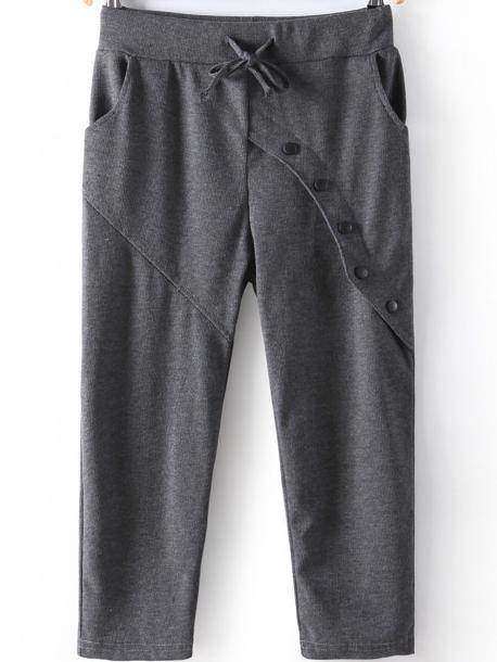 Romwe Drawstring Waist Buttons Crop Grey Pant