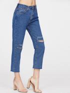 Romwe Blue Ripped Straight Cropped Jeans