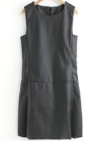 Romwe Black Sleeveless Pockets Pu Dress