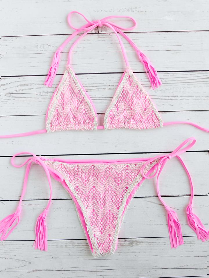 Romwe Pink Lace Design Side Tie Triangle Bikini Set