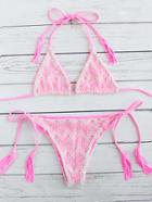 Romwe Pink Lace Design Side Tie Triangle Bikini Set