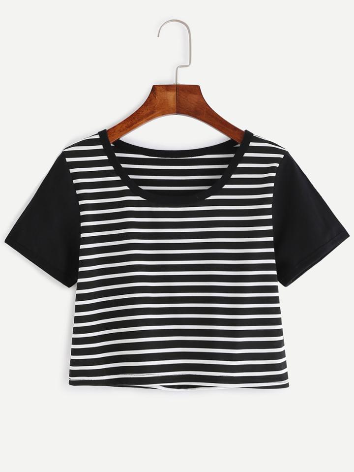 Romwe Black Striped Crop T-shirt