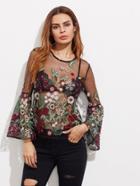 Romwe Fluted Sleeve Botanical Embroidered Tulle Top