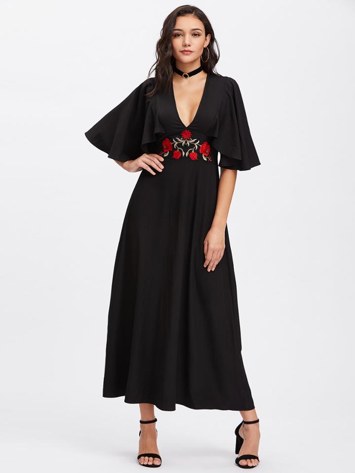 Romwe Cape Sleeve Embroidered Applique Waist Plunging Dress