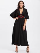 Romwe Cape Sleeve Embroidered Applique Waist Plunging Dress