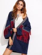 Romwe Navy Suede Fringe Coat With Embroidered Tape Detail